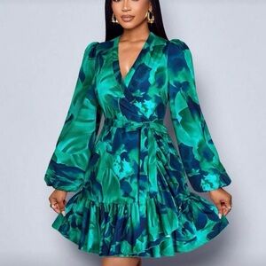Vibrant Teal Floral Long Sleeve Dress